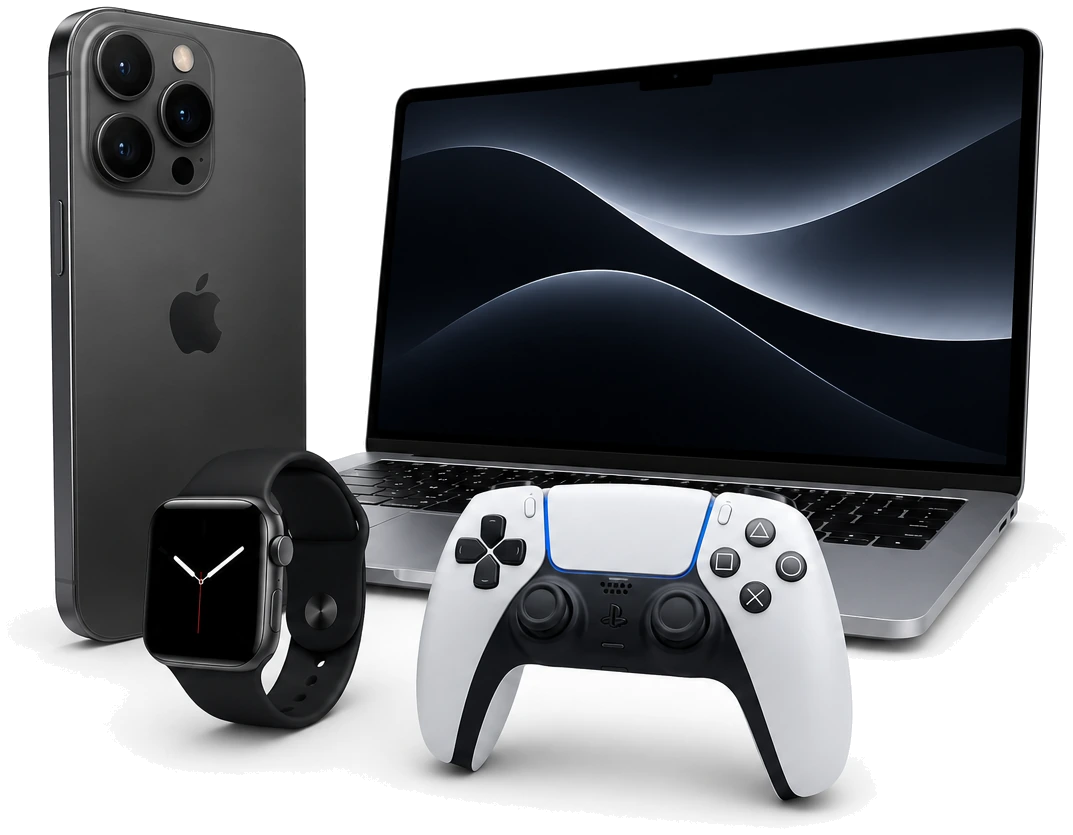 iPhone, MacBook, Apple Watch und PS5-Controller — Geräte, die LLIO ankauft
