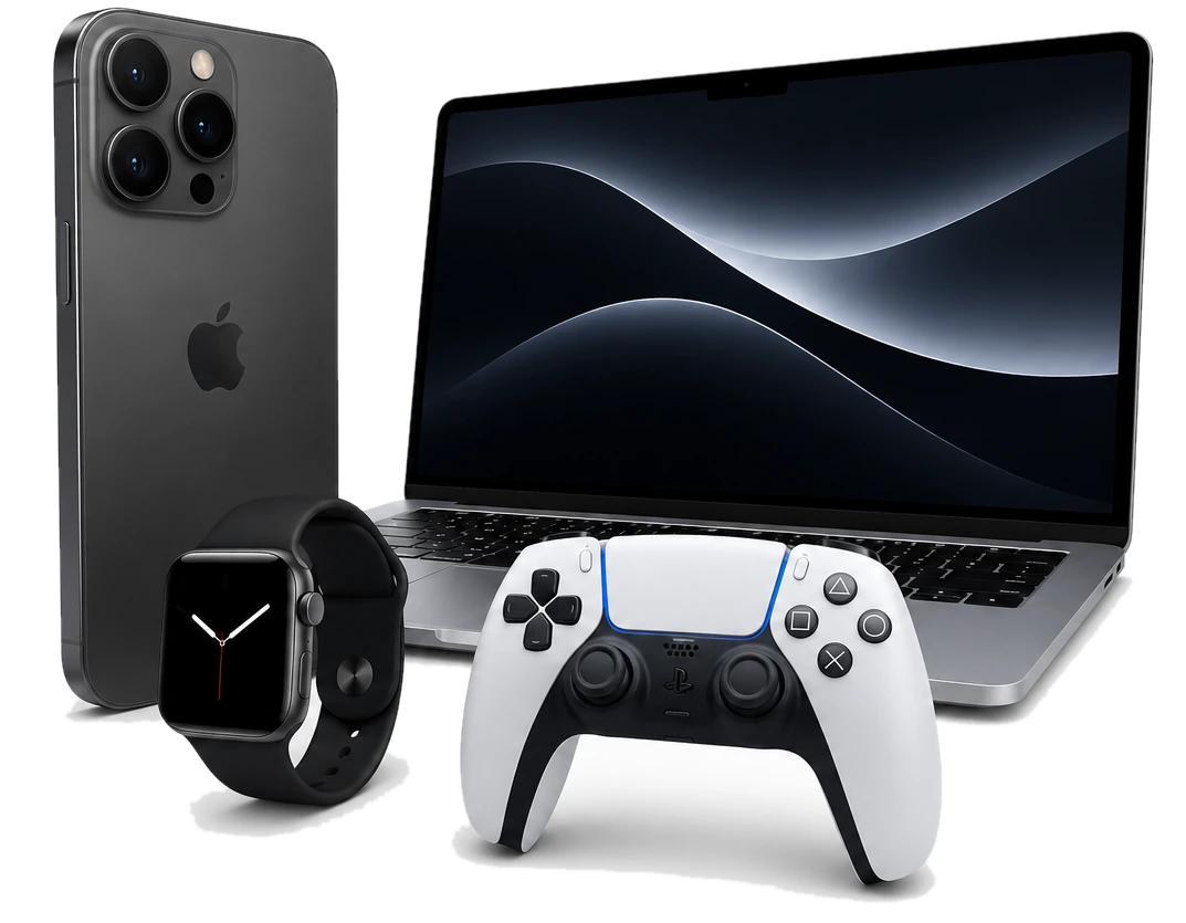iPhone, MacBook, Apple Watch und PS5-Controller — Geräte, die LLIO ankauft